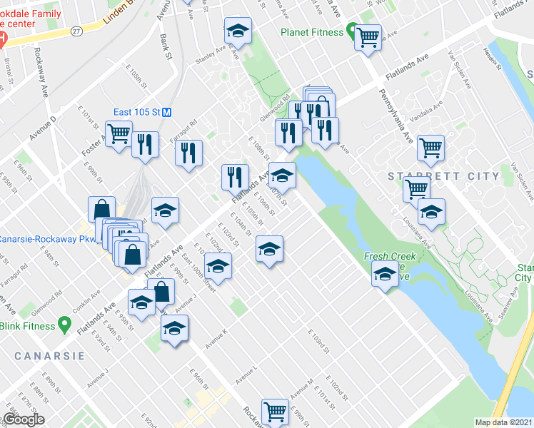 map of restaurants, bars, coffee shops, grocery stores, and more near 950 East 106th Street in Brooklyn
