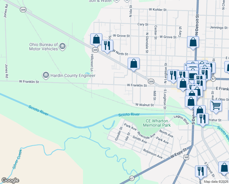 map of restaurants, bars, coffee shops, grocery stores, and more near 1 Gruver Street in Kenton