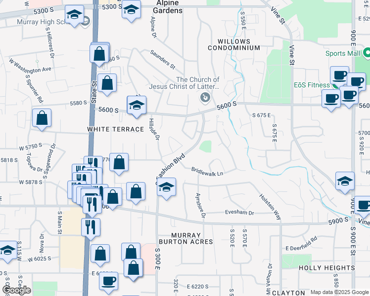 map of restaurants, bars, coffee shops, grocery stores, and more near 374 South Mcmillan Circle in Murray