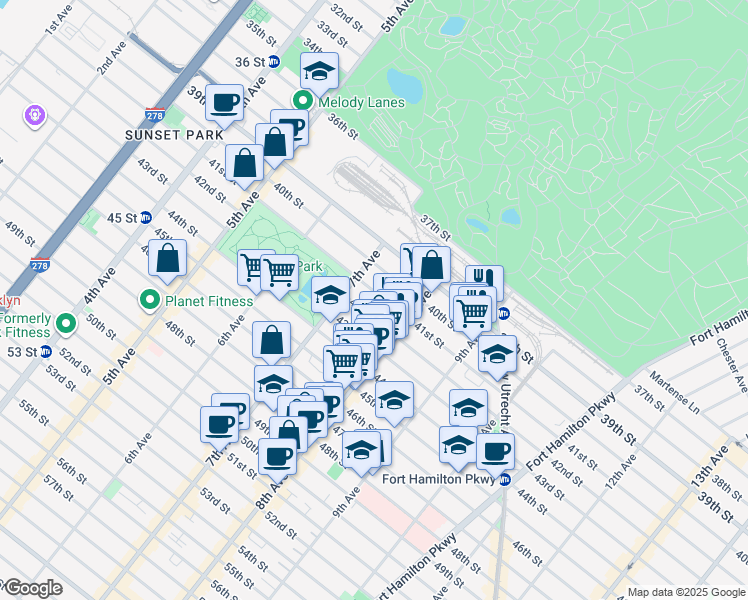 map of restaurants, bars, coffee shops, grocery stores, and more near 736 41st Street in Brooklyn