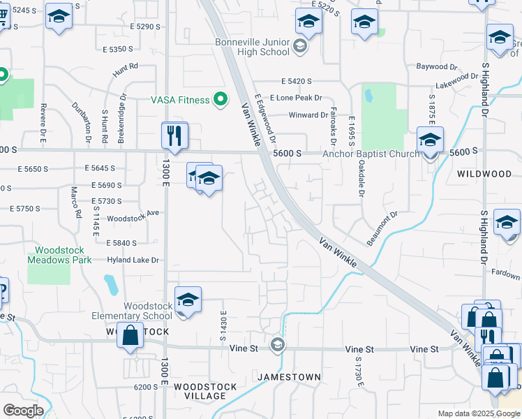 map of restaurants, bars, coffee shops, grocery stores, and more near 1557 East Waterbury Drive in Salt Lake City