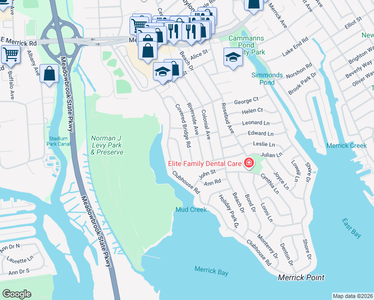 map of restaurants, bars, coffee shops, grocery stores, and more near 2803 Covered Bridge Road in Merrick