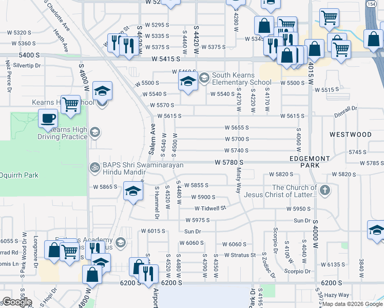 map of restaurants, bars, coffee shops, grocery stores, and more near 4460 West 5740 South in Kearns