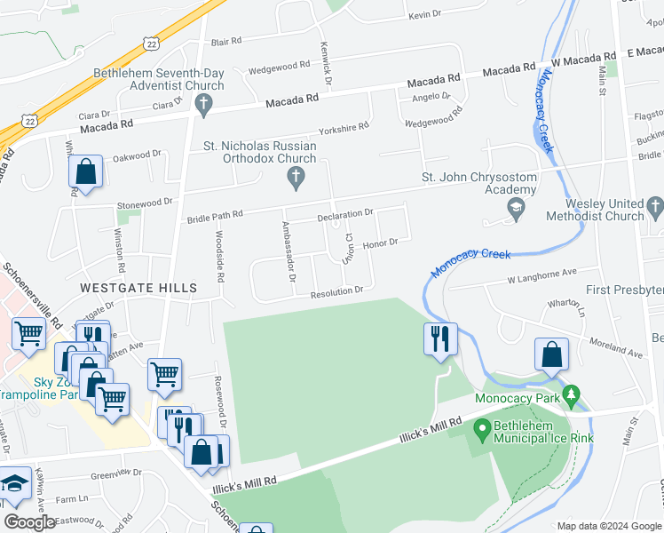 map of restaurants, bars, coffee shops, grocery stores, and more near 1011 Union Court in Bethlehem