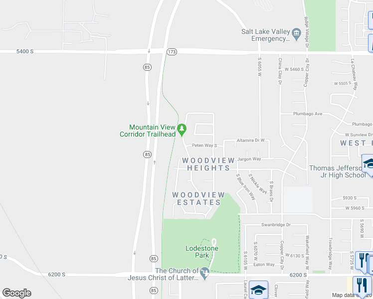 map of restaurants, bars, coffee shops, grocery stores, and more near 5738 Woodview Drive in West Valley City