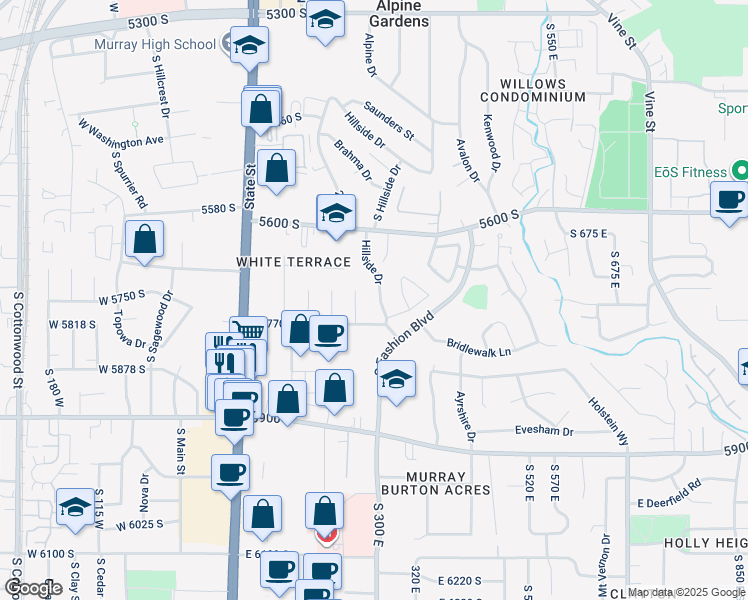 map of restaurants, bars, coffee shops, grocery stores, and more near 5758 Hillside Drive in Murray