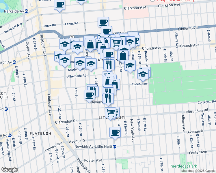 map of restaurants, bars, coffee shops, grocery stores, and more near 2901 Tilden Avenue in Brooklyn