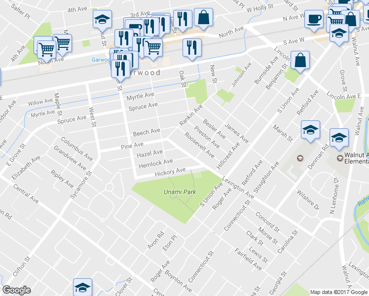map of restaurants, bars, coffee shops, grocery stores, and more near 120 Lexington Avenue in Cranford