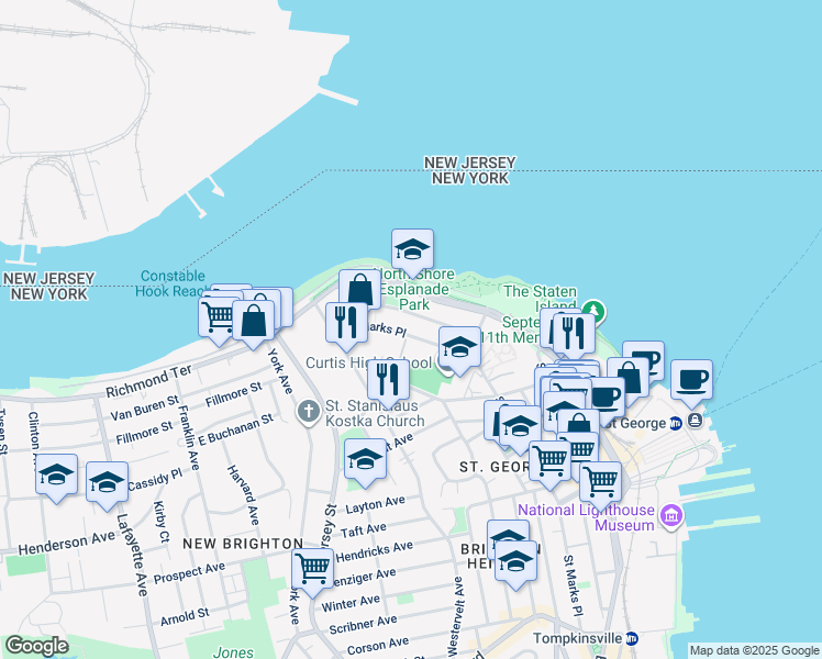 map of restaurants, bars, coffee shops, grocery stores, and more near 83 Saint Marks Place in Staten Island