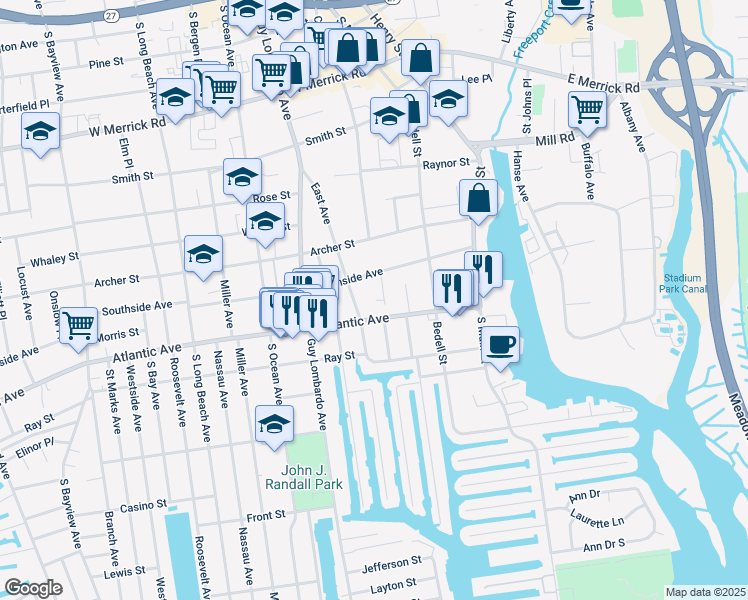 map of restaurants, bars, coffee shops, grocery stores, and more near 135 East Avenue in Freeport