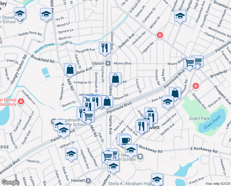 map of restaurants, bars, coffee shops, grocery stores, and more near 189 Gibson Boulevard in Valley Stream