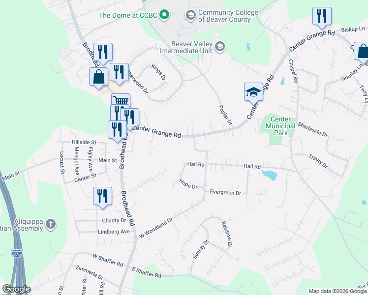 map of restaurants, bars, coffee shops, grocery stores, and more near 231 West Woodland Drive in Aliquippa