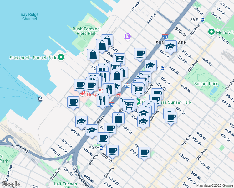 map of restaurants, bars, coffee shops, grocery stores, and more near 5114 3rd Ave in Brooklyn