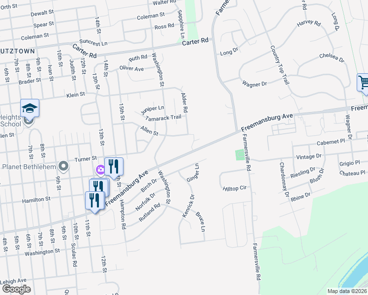 map of restaurants, bars, coffee shops, grocery stores, and more near 4190 Allen Street in Bethlehem