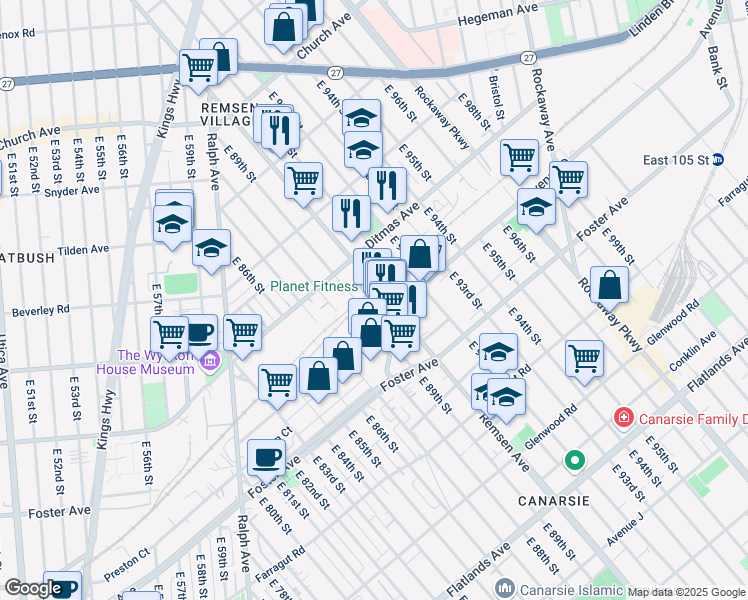 map of restaurants, bars, coffee shops, grocery stores, and more near 8925 Avenue D in Brooklyn