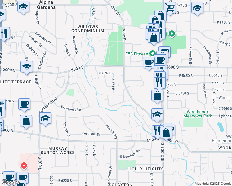 map of restaurants, bars, coffee shops, grocery stores, and more near 5730 South 675 East in Salt Lake City
