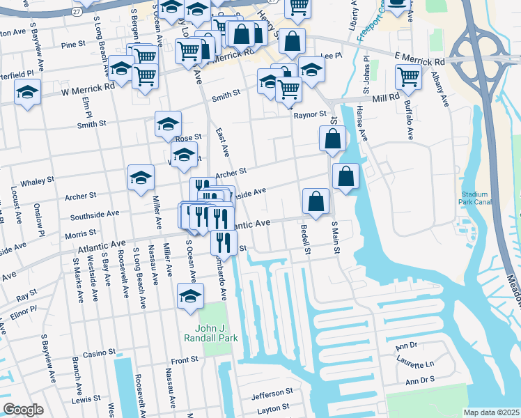 map of restaurants, bars, coffee shops, grocery stores, and more near 135 East Avenue in Freeport