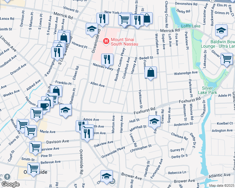 map of restaurants, bars, coffee shops, grocery stores, and more near 252 Allen Avenue in Oceanside