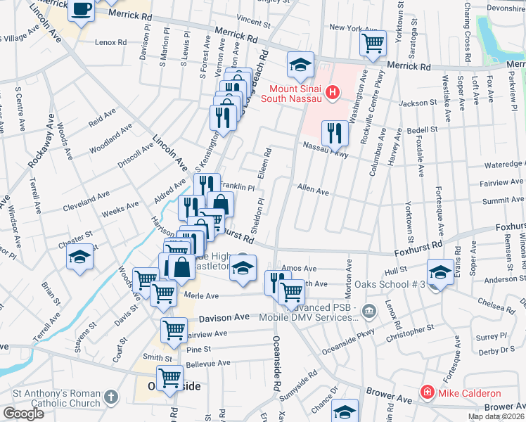 map of restaurants, bars, coffee shops, grocery stores, and more near 2624 Sheldon Place in Oceanside