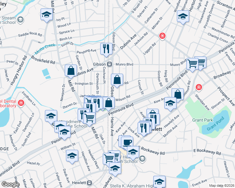 map of restaurants, bars, coffee shops, grocery stores, and more near 189 Gibson Boulevard in Valley Stream