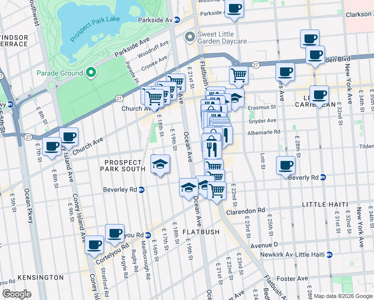 map of restaurants, bars, coffee shops, grocery stores, and more near 645 Ocean Avenue in Brooklyn