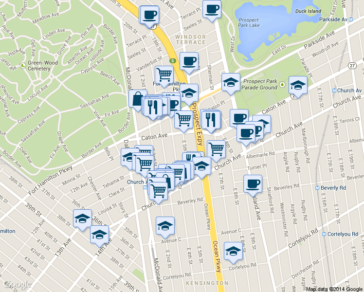 map of restaurants, bars, coffee shops, grocery stores, and more near 215 East 4th Street in Brooklyn