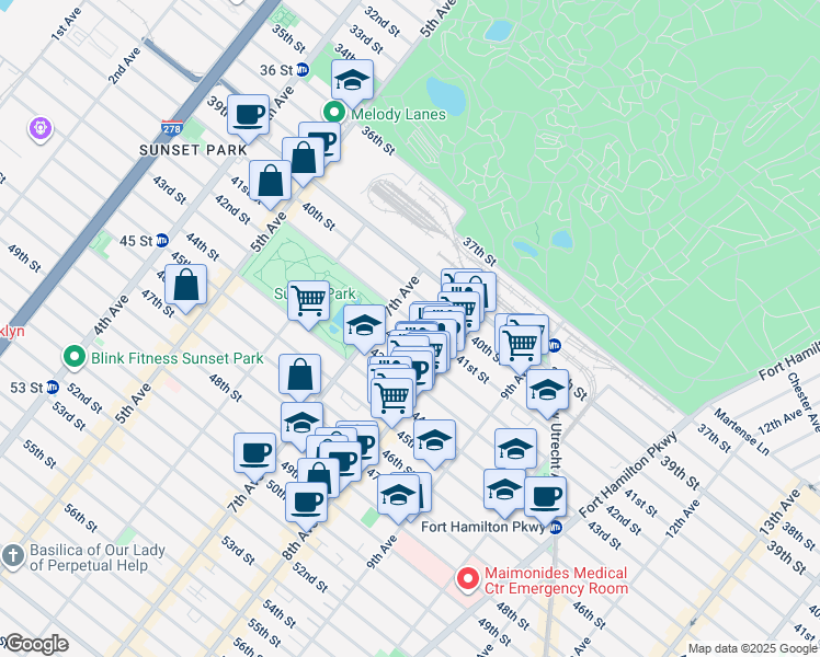 map of restaurants, bars, coffee shops, grocery stores, and more near 735 41st Street in Brooklyn
