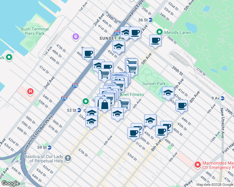 map of restaurants, bars, coffee shops, grocery stores, and more near 4621 5th Avenue in Brooklyn