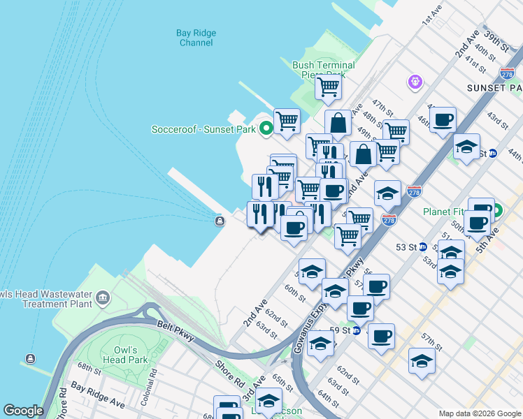 map of restaurants, bars, coffee shops, grocery stores, and more near 140 58th Street in Brooklyn