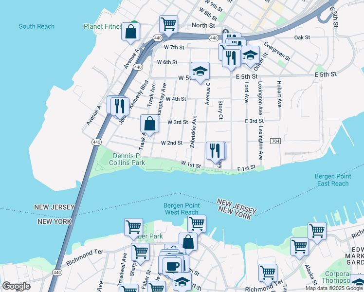 map of restaurants, bars, coffee shops, grocery stores, and more near 85 West 2nd Street in Bayonne