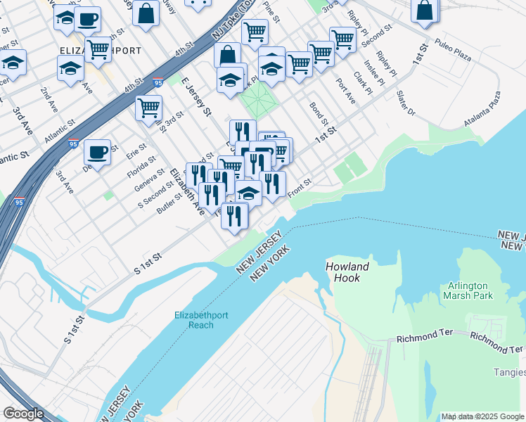 map of restaurants, bars, coffee shops, grocery stores, and more near 94 Front Street in Elizabeth