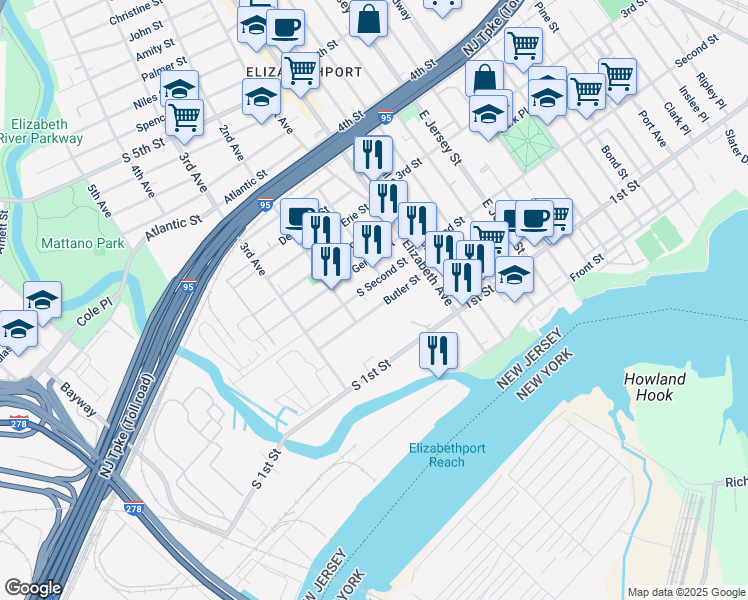 map of restaurants, bars, coffee shops, grocery stores, and more near 52 South Second Street in Elizabeth