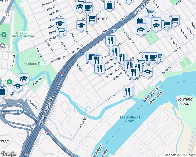 map of restaurants, bars, coffee shops, grocery stores, and more near 76 Geneva Street in Elizabeth