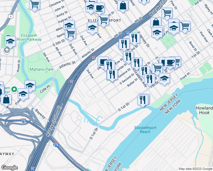 map of restaurants, bars, coffee shops, grocery stores, and more near 224 Florida Street in Elizabeth