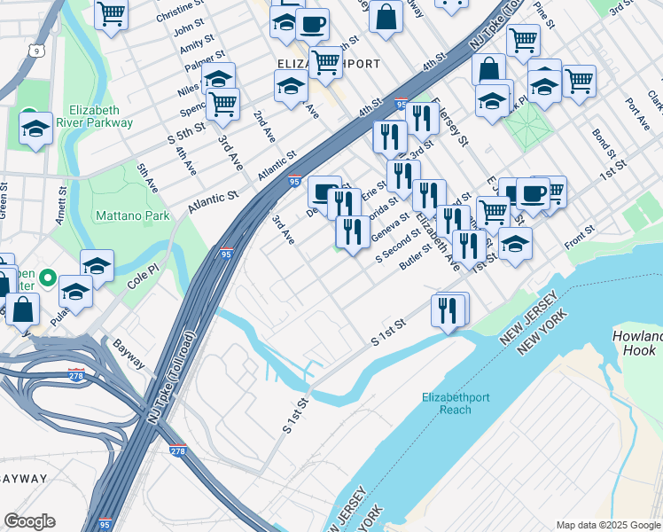 map of restaurants, bars, coffee shops, grocery stores, and more near 224 Florida Street in Elizabeth