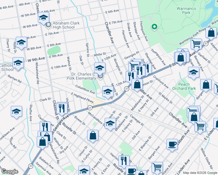 map of restaurants, bars, coffee shops, grocery stores, and more near 1262 12th Avenue in Roselle