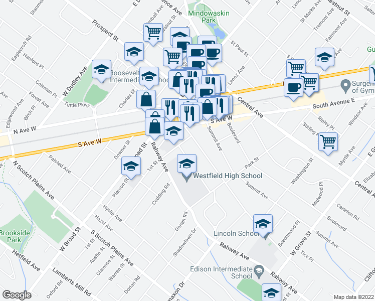 map of restaurants, bars, coffee shops, grocery stores, and more near 515 Trinity Place in Westfield