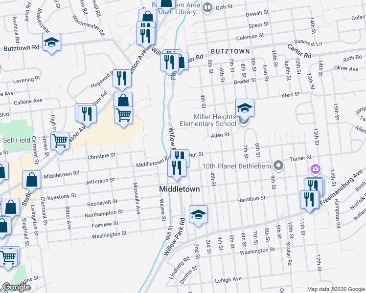 map of restaurants, bars, coffee shops, grocery stores, and more near 2111 3rd Street in Bethlehem
