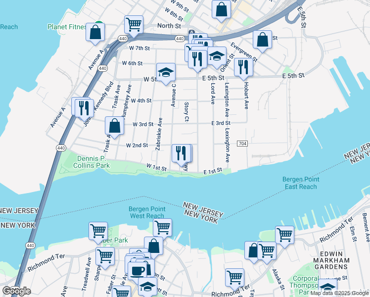 map of restaurants, bars, coffee shops, grocery stores, and more near 41 Kelly Parkway in Bayonne