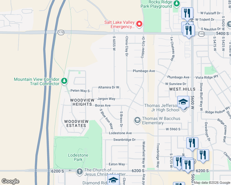 map of restaurants, bars, coffee shops, grocery stores, and more near 5749 South Mirador Court in West Valley City