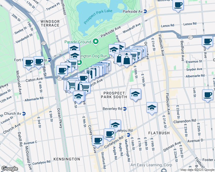 map of restaurants, bars, coffee shops, grocery stores, and more near 108 Rugby Road in Brooklyn