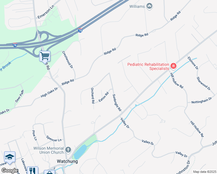 map of restaurants, bars, coffee shops, grocery stores, and more near 20 Eaton Road in Watchung