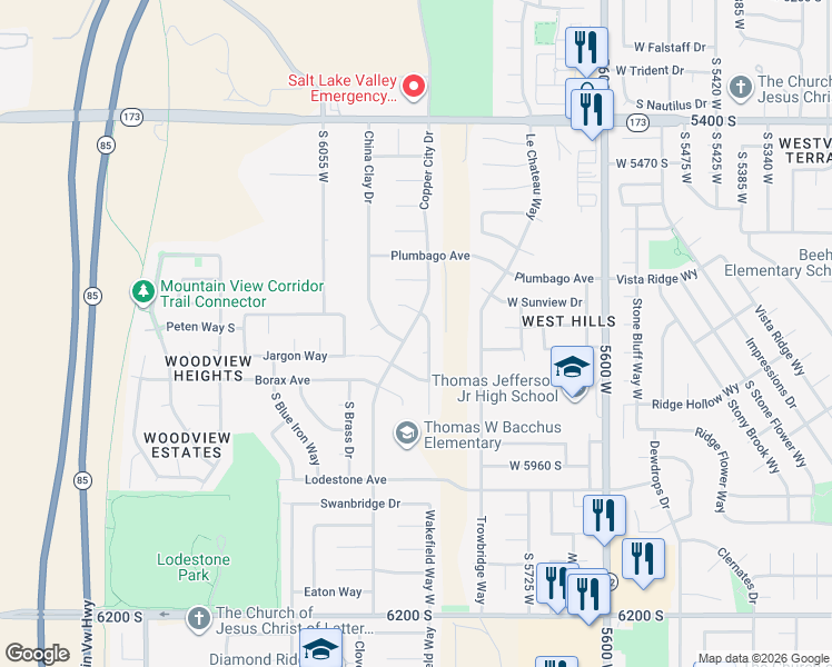 map of restaurants, bars, coffee shops, grocery stores, and more near 5741 Copper City Drive in Salt Lake City