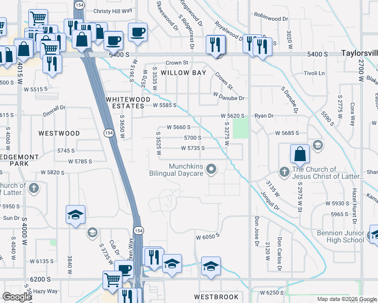 map of restaurants, bars, coffee shops, grocery stores, and more near 3407 West 5735 South in Salt Lake City