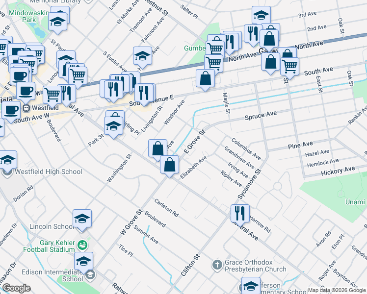 map of restaurants, bars, coffee shops, grocery stores, and more near 215 E Grove St in Westfield
