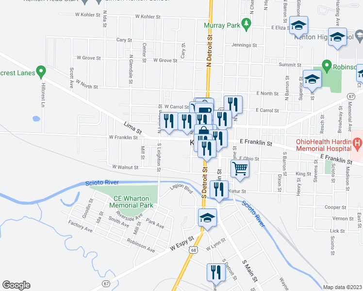 map of restaurants, bars, coffee shops, grocery stores, and more near 307 West Franklin Street in Kenton