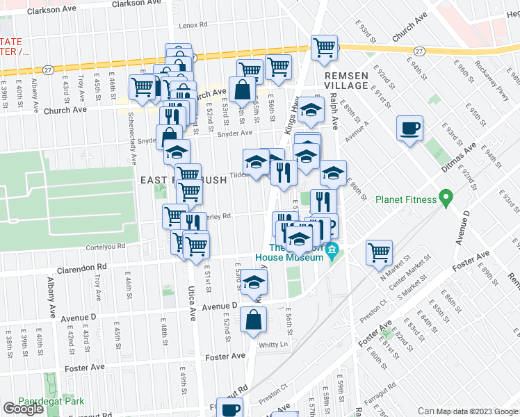 map of restaurants, bars, coffee shops, grocery stores, and more near 5421 Beverley Road in Brooklyn
