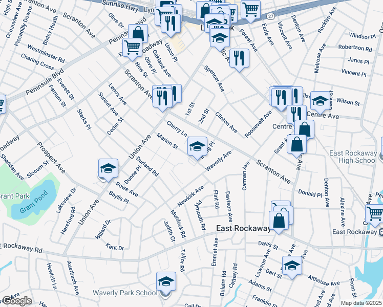 map of restaurants, bars, coffee shops, grocery stores, and more near 1 Dean Street in Lynbrook