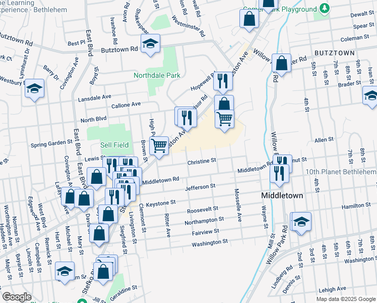 map of restaurants, bars, coffee shops, grocery stores, and more near 2160 Schweitzer Avenue in Bethlehem