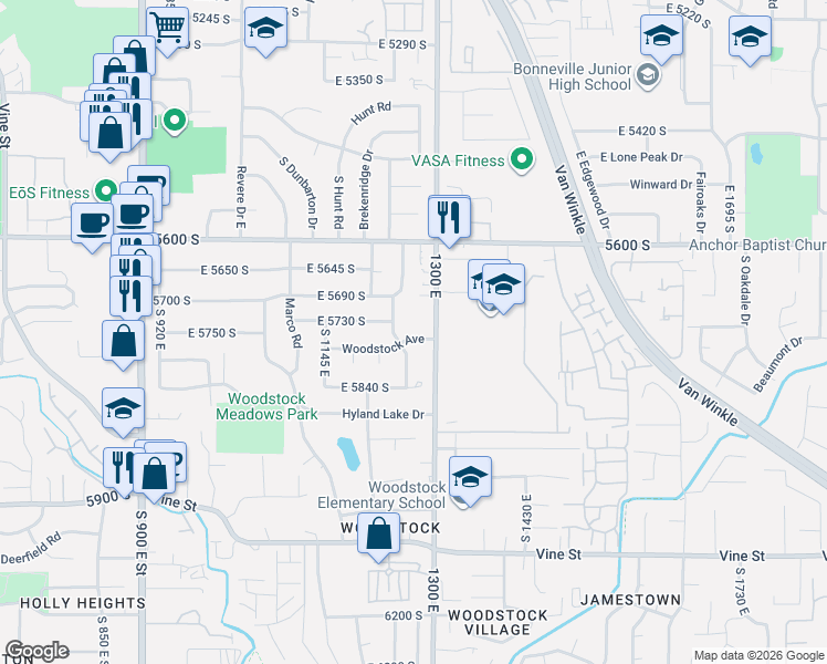 map of restaurants, bars, coffee shops, grocery stores, and more near 1269 Woodstock Avenue in Murray